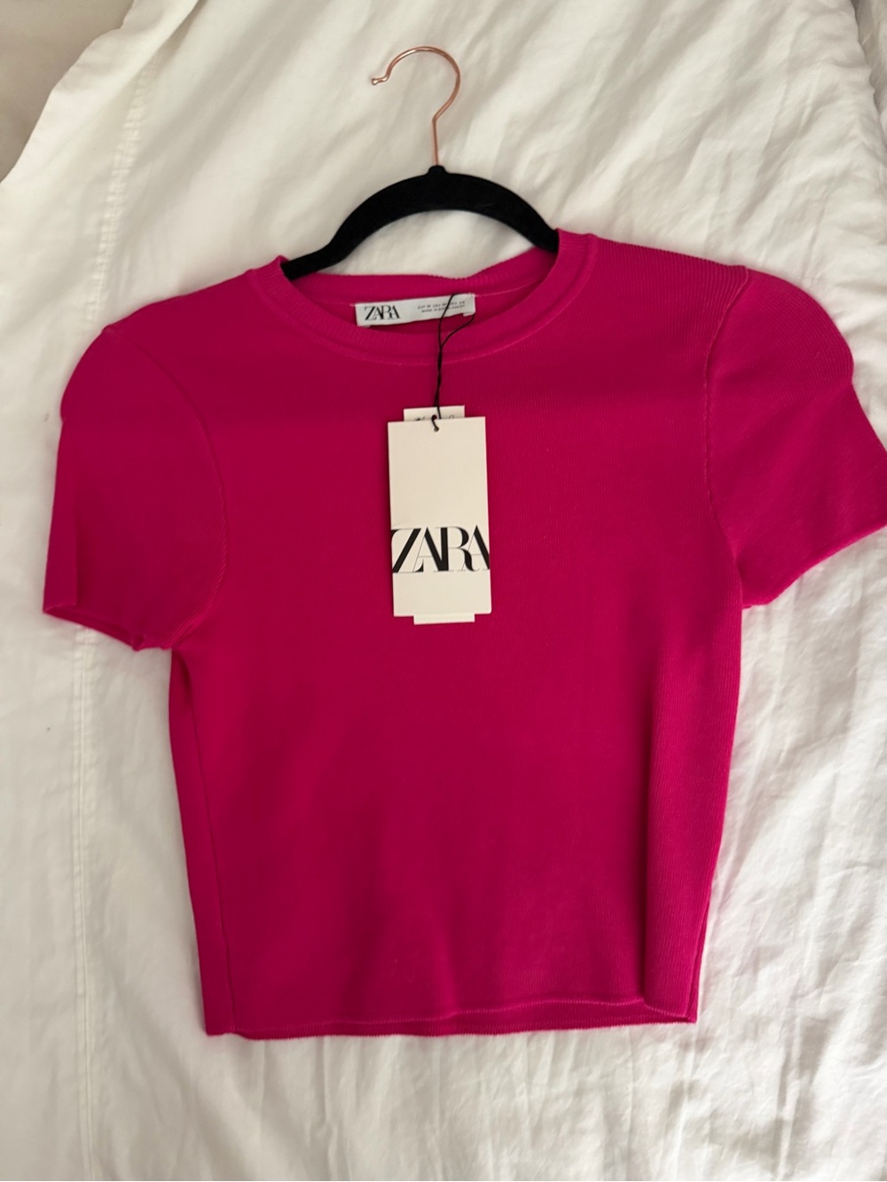 Zara Hot Pink Short Sleeve Ribbed Crew Top